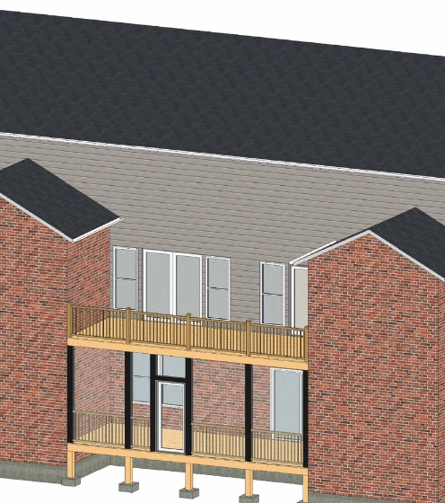 3D design rendering of a covered deck with tan railings on a two-story brick home, Cary NC